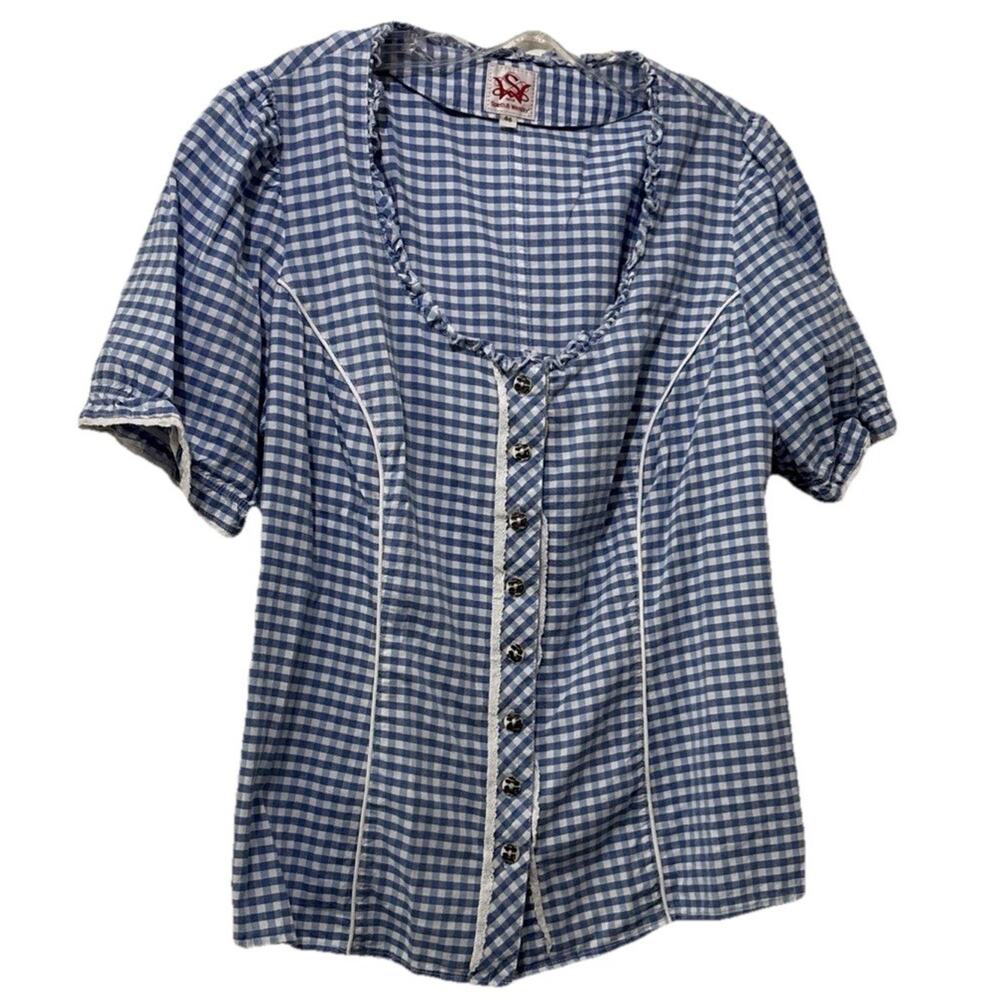 Spieth & Wensky Top Size 46 US XL Blue White Gingham Trachten Blouse Lace Corset